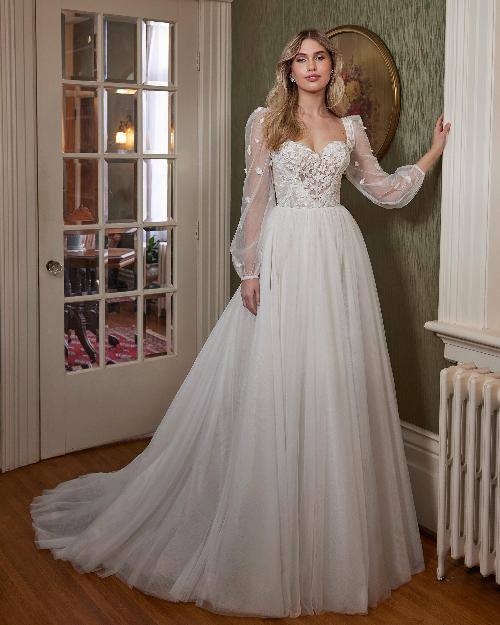 La23250 simple a line tulle wedding dress with sleeves and lace1